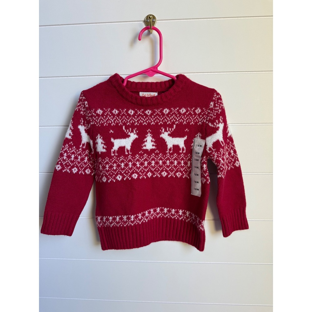 Cat & Jack Toddler 18M Red Reindeer Fair Isle Holiday Christmas Sweater NWT